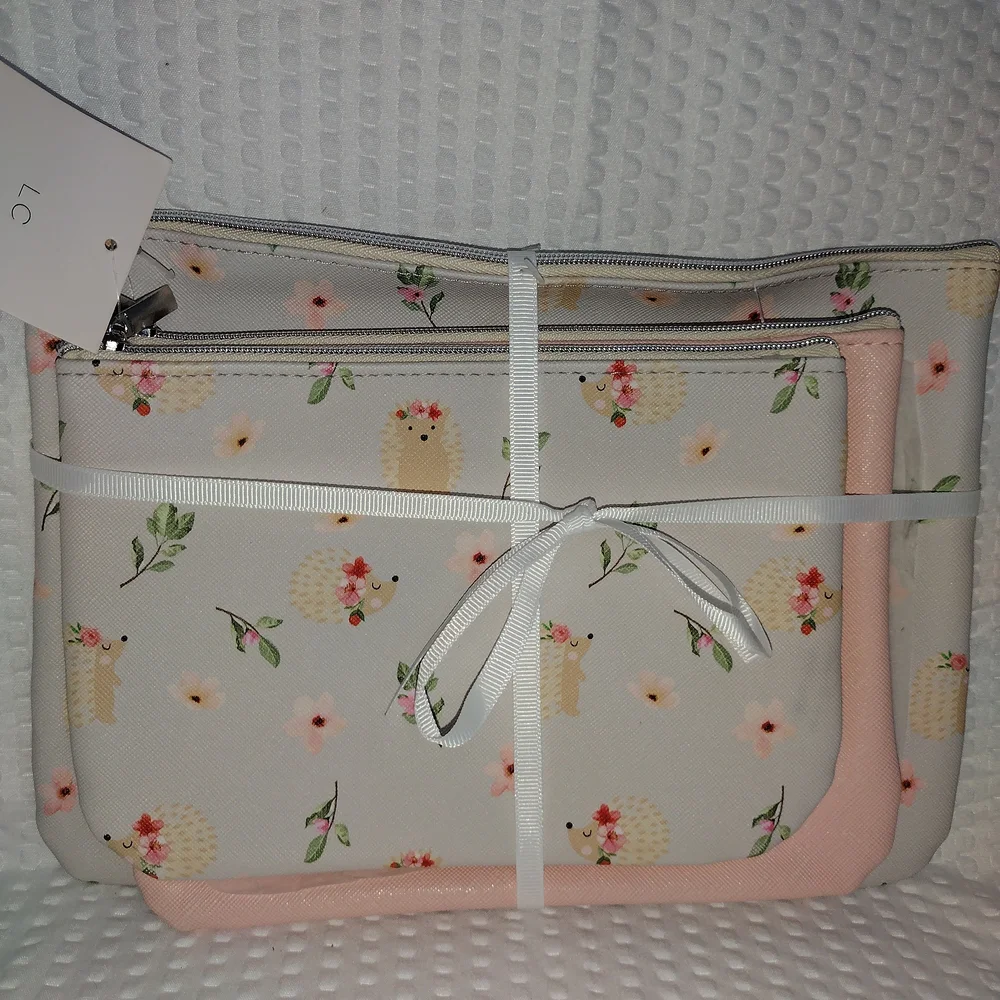 LC Lauren Conrad Floral Hedgehog Cosmetic Bag Set - Cream and Pink - Picture 1 of 3